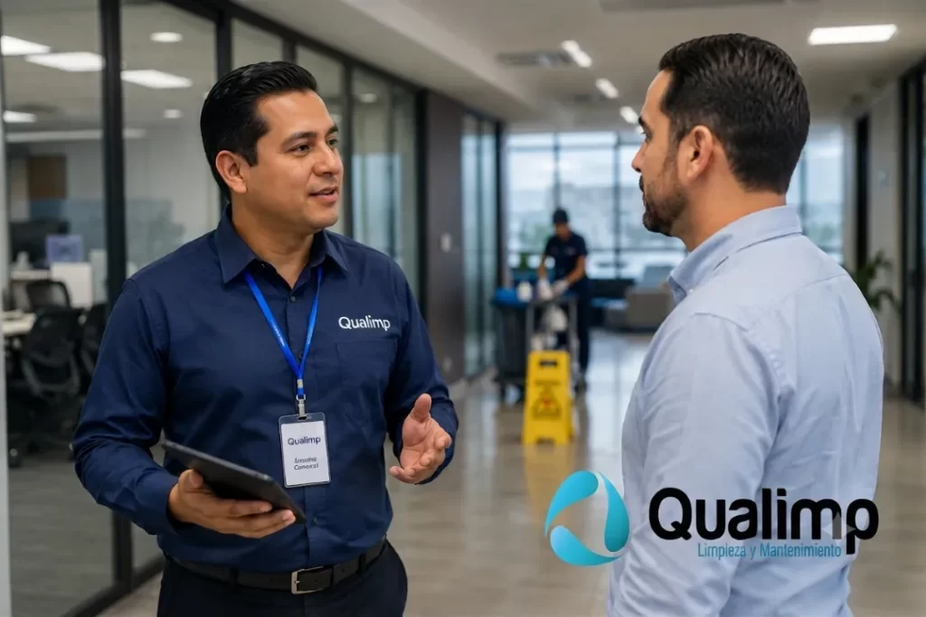 Cuánto cuesta un servicio de limpieza de oficinas: fotografía de dos hombres conversando y al fondo una persona limpiando.