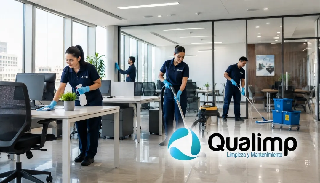 Cuánto cuesta un servicio de limpieza de oficinas: fotografía de personas con uniforme azul marino limpiando una ofic