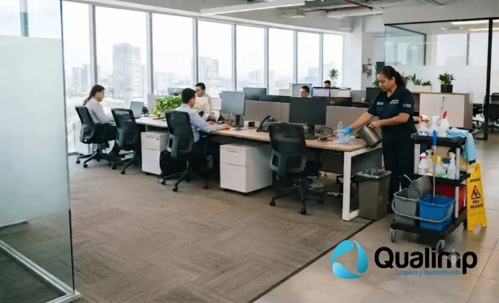 Limpieza de oficinas: Fotografía de una mujer utilizando un uniforme color azul marino y limpiando un escritorio.