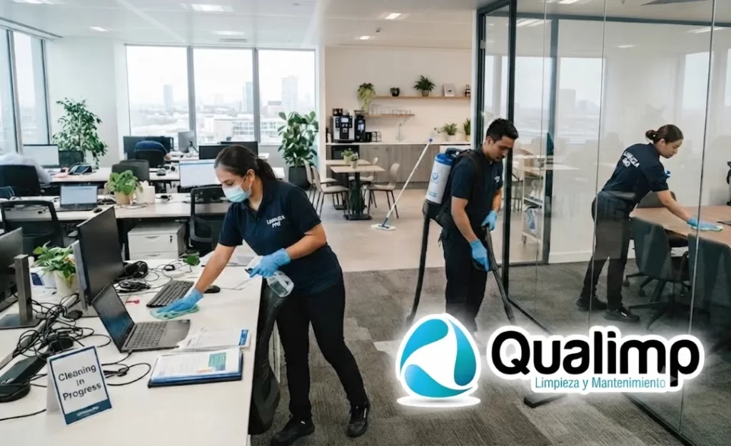 Fotografía de tres personas con uniforme color azul marino realizando limpieza de oficinas en escritorios y pasillos.