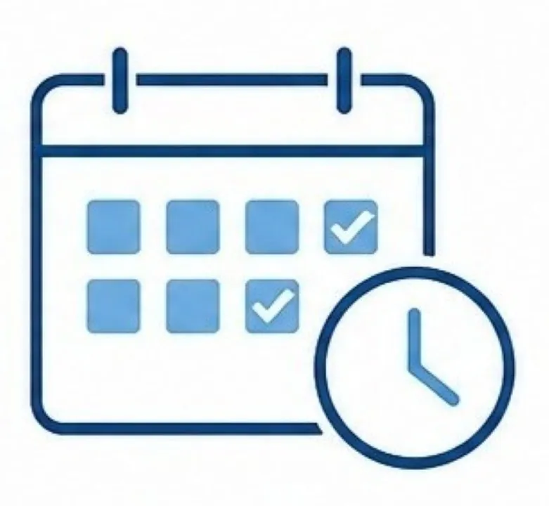 Limpieza escolar: Figura de un calendario rectangular y a lado un reloj circular en color azul claro y azul marino.
