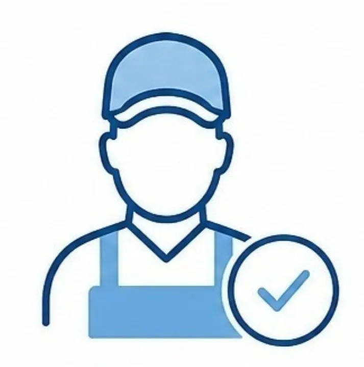 Limpieza escolar: Figura de una persona utilizando mandil y gorra en color azul claro y azul marino.