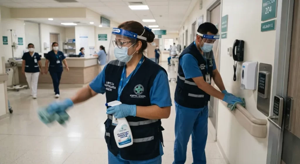 Fotografía de dos personas utilizando careta de protección y cubrebocas mientras realizan limpieza hospitalaria.