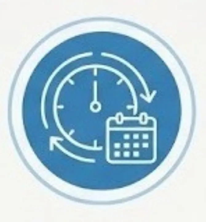 Limpieza hospitalaria: Figura de un reloj de manecillas a lado de un calendario color azul con contornos color blanco.