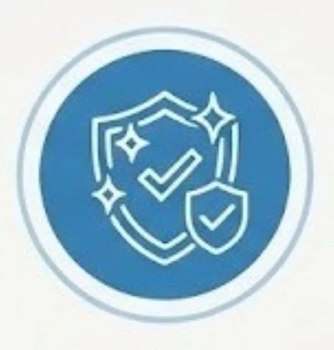 Limpieza hospitalaria: Figura de un escudo con una palomita en el centro en color azul con contornos color blanco.