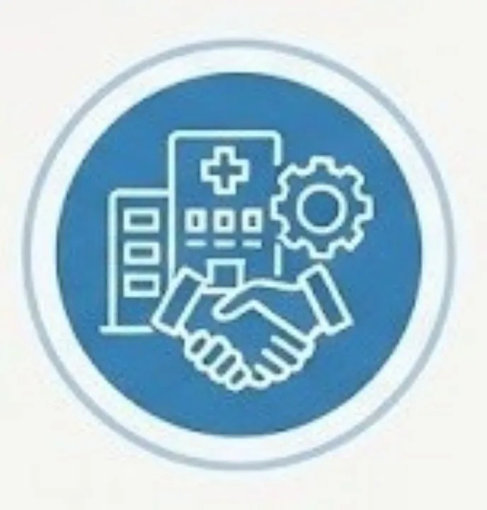 Limpieza hospitalaria: Figura de dos manos estrechándose y de fondo una clínica color azul con contornos color blanco.