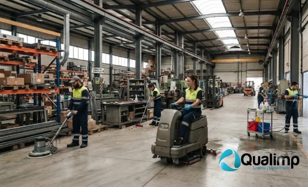 Fotografía de un equipo utilizando un uniforme color azul marino con amarillo fosforescente realizando limpieza industrial.