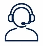Servicio de limpieza: Figura de una persona utilizando audífonos con micrófono color blanco con contornos azul marino.