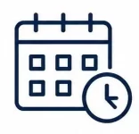 Servicio de limpieza: Figuras de un calendario y un reloj color blanco con contornos color azul marino.