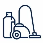Servicio de limpieza: Figura de una aspiradora y una botella color blanco con contornos color azul marino.