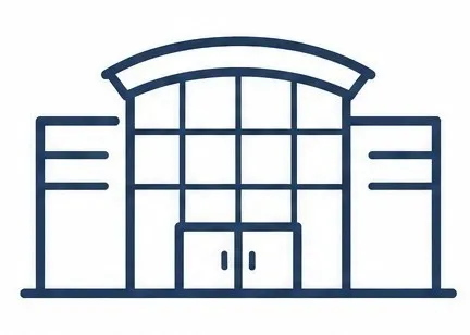 Limpieza comercial: Figura de una construcción grande con varias ventanas y dos puertas con contornos color azul marino.