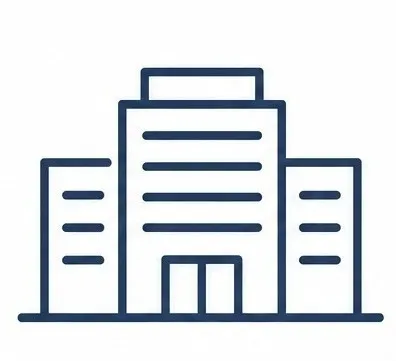 Limpieza comercial: Figura de un edificio y 2 edificios atrás con contornos color azul marino y fondo color blanco.