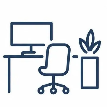 Limpieza comercial: Figura de un escritorio con una computadora frente a una silla y a lado una planta.