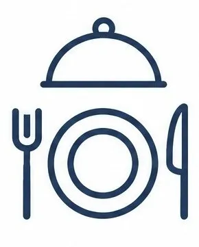 Limpieza comercial: Figura de un plato y a los lados un tenedor y un cuchillo con contornos color azul marino.