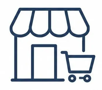 Limpieza comercial: Figura de una estructura con una puerta y a lado un carrito de compras con contornos color azul.