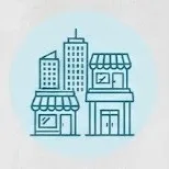Limpieza comercial: Figura de cinco edificios diferentes con contornos color azul en un fondo color azul claro.