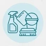 Limpieza comercial: Figura de una botella con rociador, una cubeta, un cepillo y un trapo con contornos color azul.