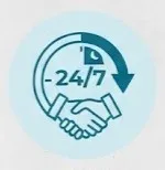 Limpieza comercial: Figura de dos personas estrechando sus manos y de fondo un reloj con contornos color azul.