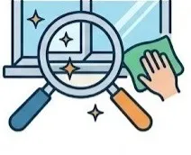 Limpieza de obra: Ilustración de una lupa enfocando a una persona limpiando los bordes inferiores de una ventana.