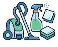 Limpieza de obra: Ilustración de una aspiradora, una botella con rociador y trapos con forma cuadrada.