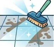 Limpieza de obra: Ilustración de una escoba limpiando una mancha color café en un piso de cuadrados color blanco.