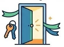 Limpieza de obra: Ilustración de una puerta color azul abriéndose y a lado una llave color naranja y otra color azul.