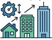 Limpieza de obra: Ilustración de una casa y dos edificios con flechas en la parte de arriba y un engrane en la esquina.