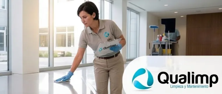 Limpieza de obra: Fotografía de una mujer usando guantes azules mientras observa una mesa color blanco.
