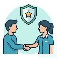 Servicios de limpieza en Puebla: Ilustración de un hombre y una mujer estrechando sus manos y encima un escudo con estrella.