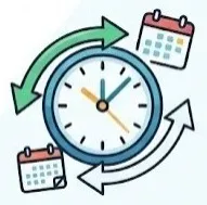Servicios de limpieza en Puebla: Ilustración de un reloj con dos flechas a los lados y dos calendarios blanco con rojo.