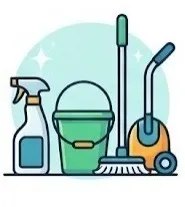 Servicios de limpieza en Puebla: Ilustración de un rociador, una cubeta, una escoba y una aspiradora.