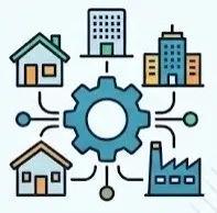 Servicios de limpieza en Puebla: Ilustración de un engrane color azul con flechas que apuntan a casas, edificios y fábricas.
