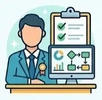 Servicios de limpieza en Puebla: Ilustración de un hombre con traje a lado de una tabla con una lista y una computadora.