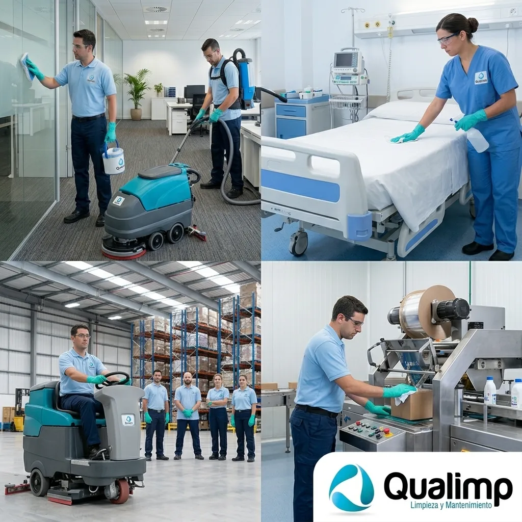 ¿Cuál es la diferencia entre limpieza y desinfección?: Collage de limpieza en hospital, oficina, almacén y fábrica.
