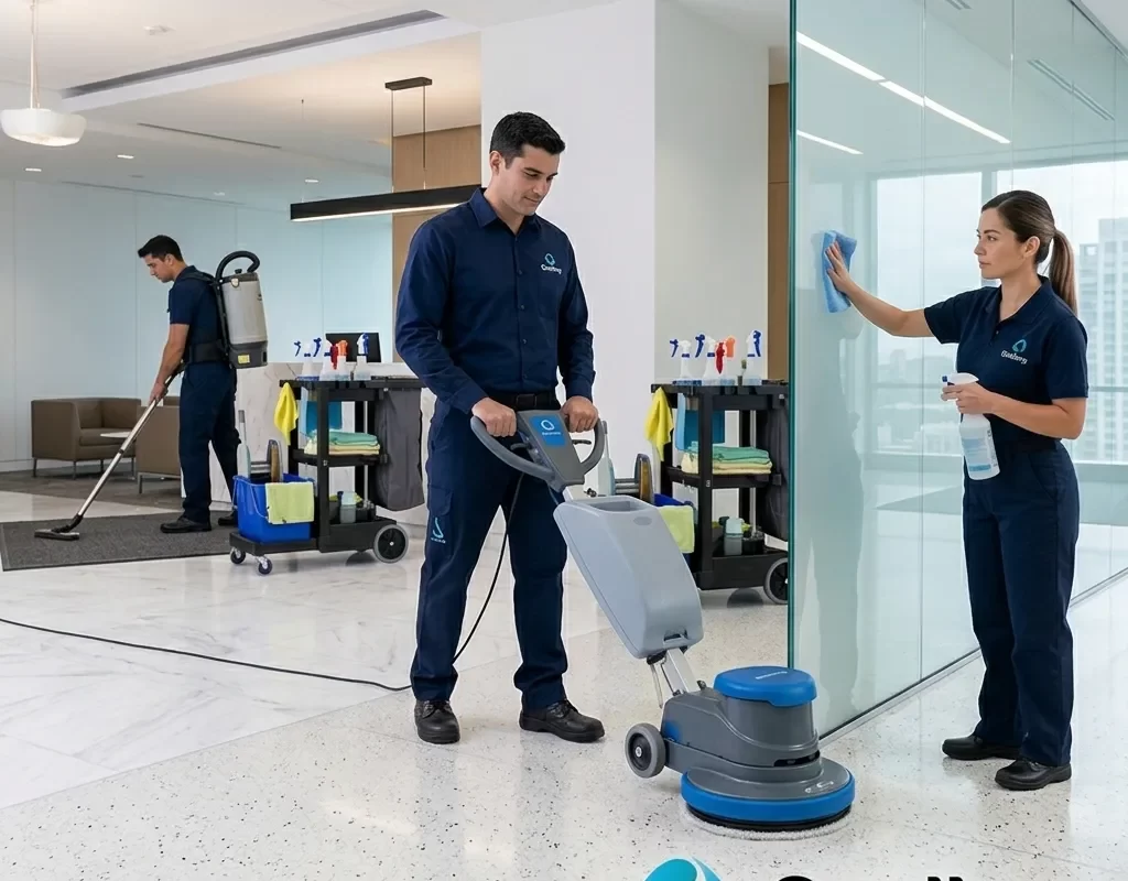 ¿Cuál es la diferencia entre limpieza y desinfección?: Fotografía de 3 personas con overol azul marino limpiando.
